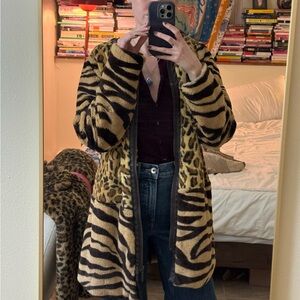 Adrienne Landau Black and Tan Faux Fur Coat